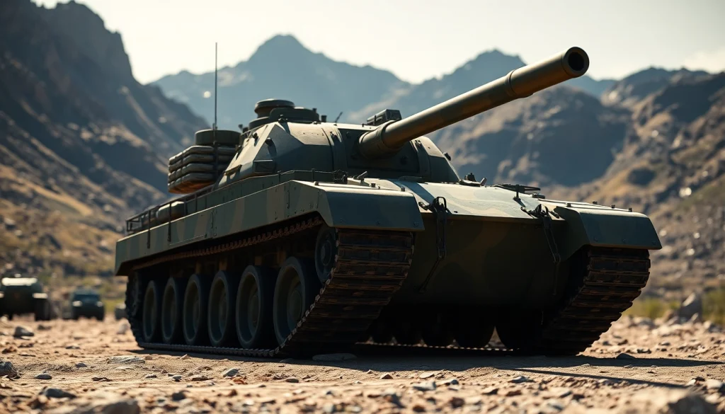 Modified tank 300 positioned majestically in a rugged terrain, showcasing its robust design.