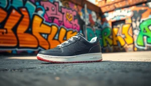 레플리카 스니커즈가 도시 배경에 놓인 모습