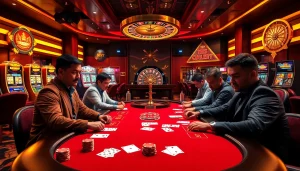 Players engaging in high-stakes poker at https://sc88seo.com/, showcasing thrilling action in a luxurious casino environment.