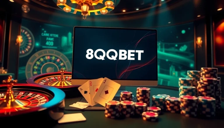 Experience the excitement of online gambling with 8qbet, featuring vibrant casino tables and betting elements.