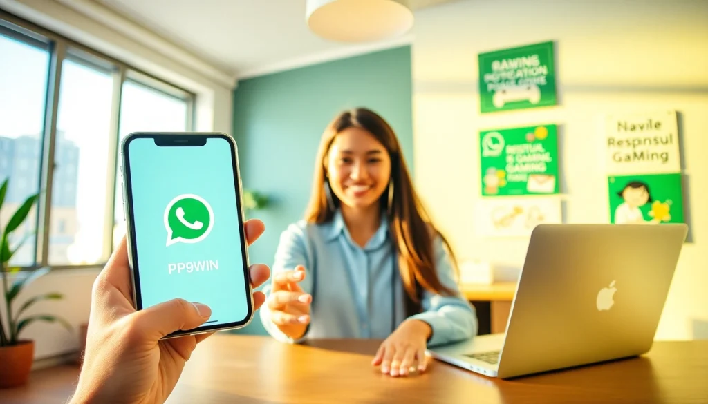 Create PP9WIN account image showcasing a friendly representative assisting via WhatsApp.