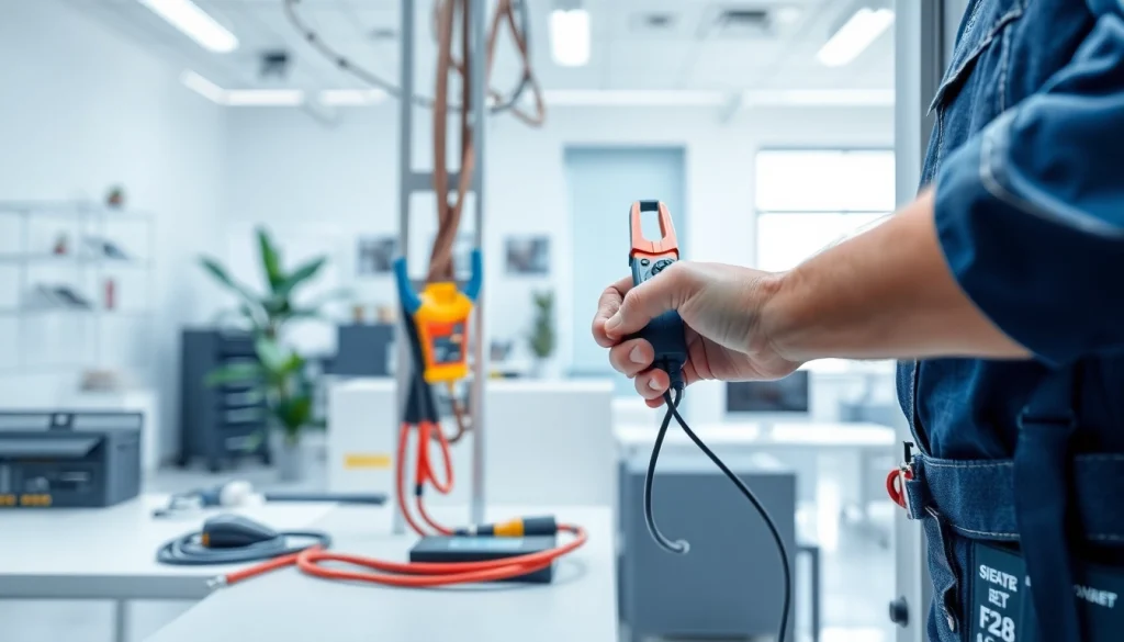 Electrician performing electrical maintenance with tools in a bright, professional setting.