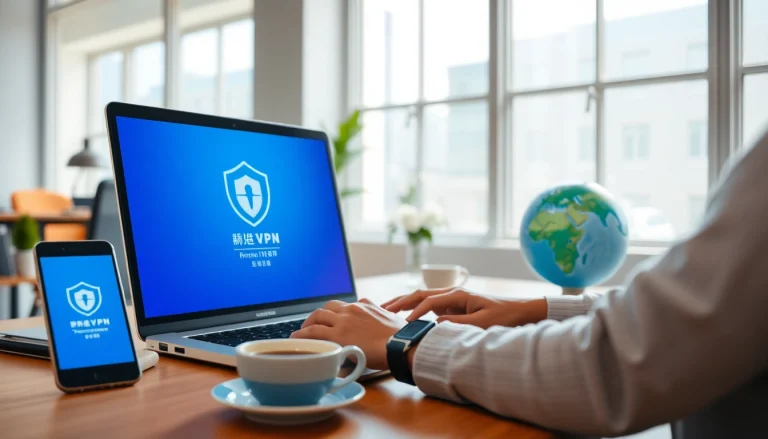 正在现代工作区笔记本上使用的快连 VPN 应用，展示全球连接。