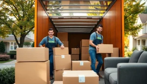 Movers efficiently managing a provincial moving task in a residential area with boxes around.