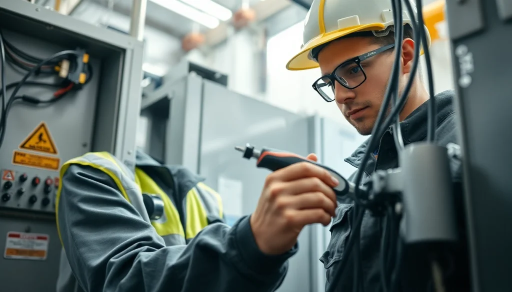 Electrician conducting electrical maintenance while inspecting wiring to ensure safety and functionality.