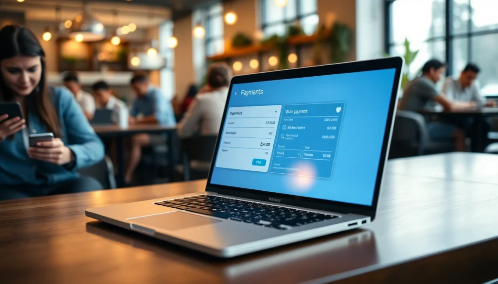 Streamlined interface for online payments displayed on a laptop in a lively café.