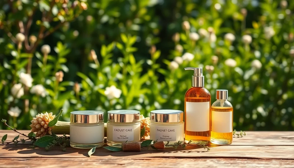 Prirodna kozmetika na drvenom stolu s zelenim vrtom u pozadini.