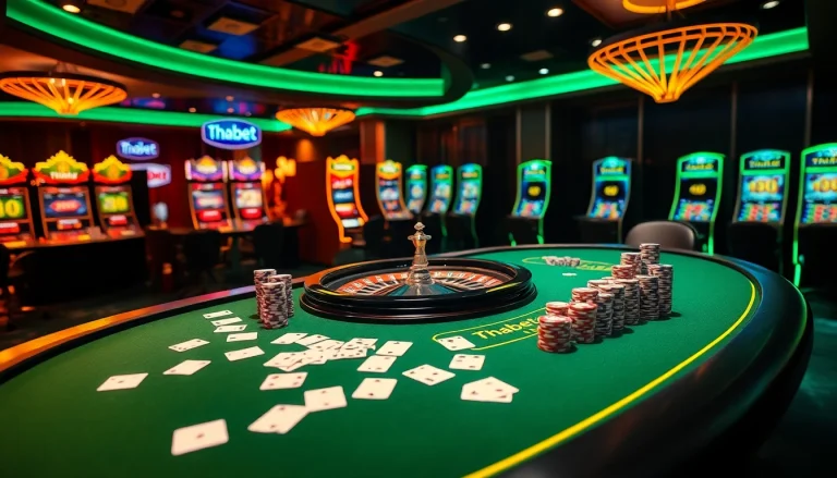 Engage with the vibrant Thabet casino scene featuring glamorous gambling elements and immersive lighting.