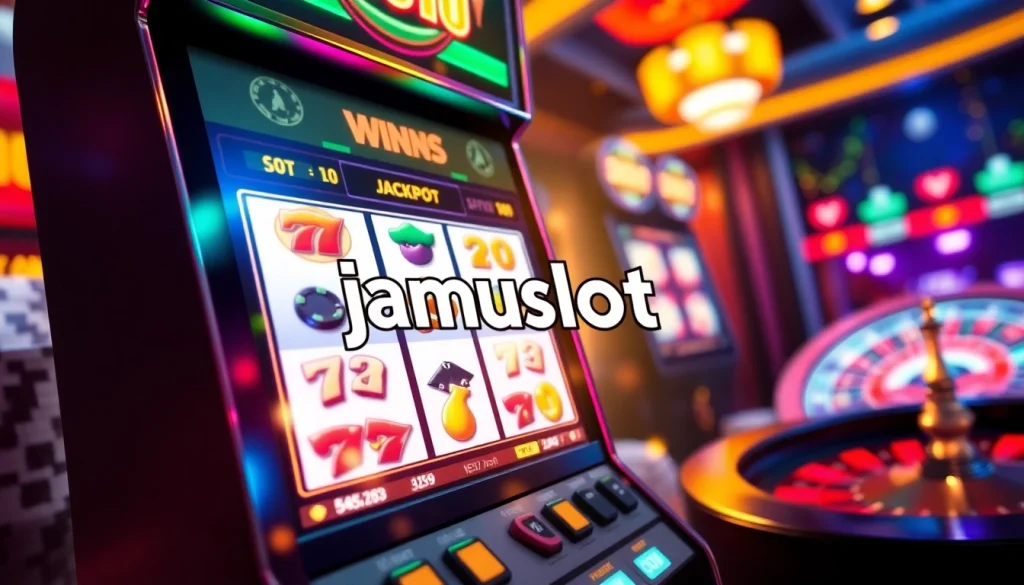 Experience thrilling wins at jamuslot with vibrant casino visuals featuring slot machines and poker chips.