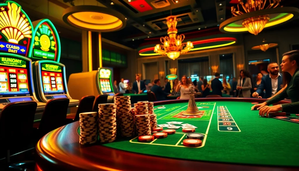 Experience the thrill of 28bet with vibrant slot machines and engaged players at a stunning casino table.