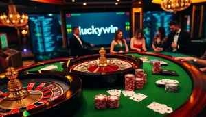 Engage in thrilling gambling experiences at https://luckywin.fan/ with vibrant casino visuals of roulette and poker chips.
