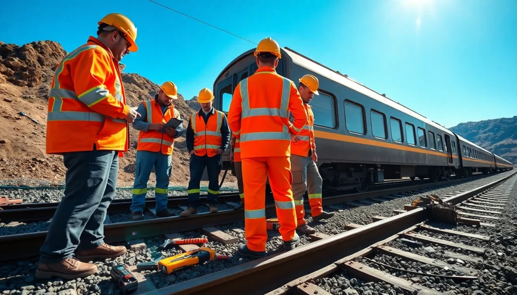 Workers executing Emergency Railroad Repair Services on a damaged track at a derailment site.
