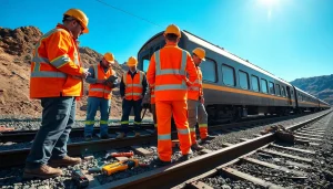 Workers executing Emergency Railroad Repair Services on a damaged track at a derailment site.