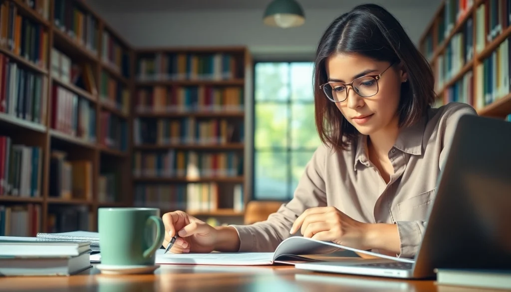 Student using exam help resources in a cozy library for effective study.