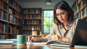 Student using exam help resources in a cozy library for effective study.