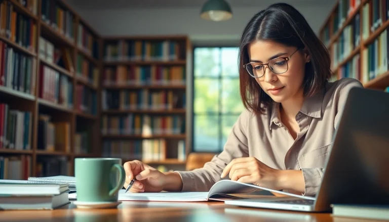 Student using exam help resources in a cozy library for effective study.