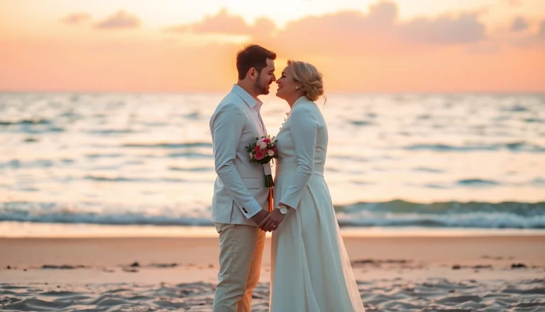 Wedding photographer capturing an emotional moment between a couple on a beach during sunset.