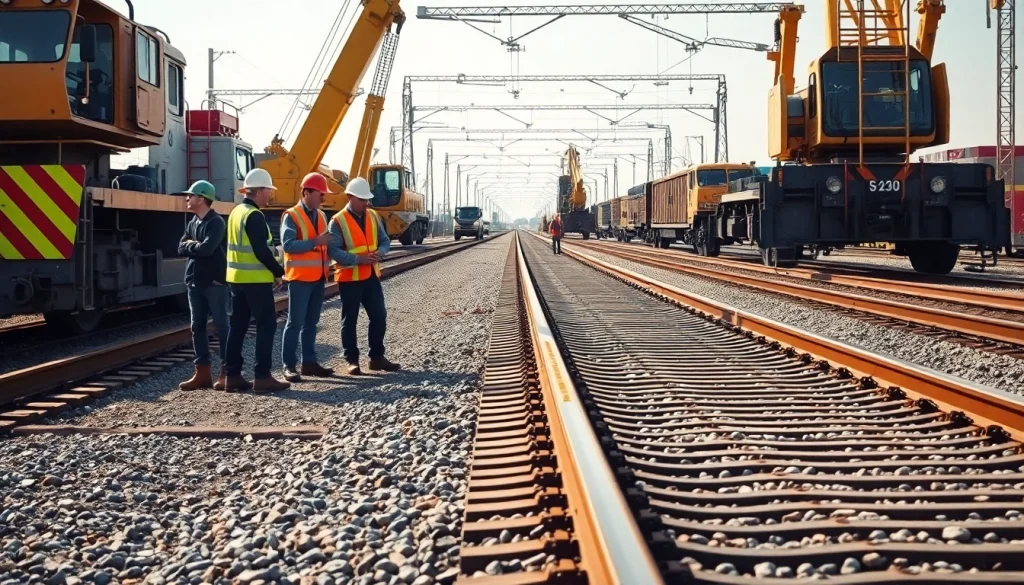 Railroad Track Construction Company team working on a construction site with heavy machinery.