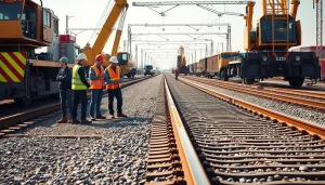 Railroad Track Construction Company team working on a construction site with heavy machinery.