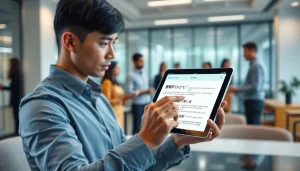 User demonstrating 有道翻译 app in a modern office setting, showcasing multilingual capabilities.