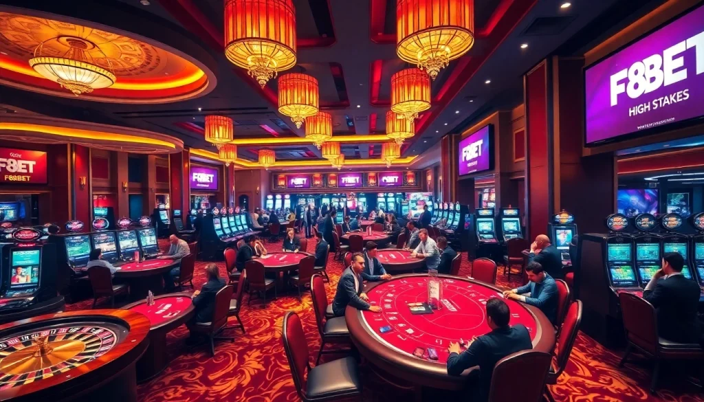 Players enjoying games at F8BET's luxurious casino tables, highlighting excitement and high stakes.