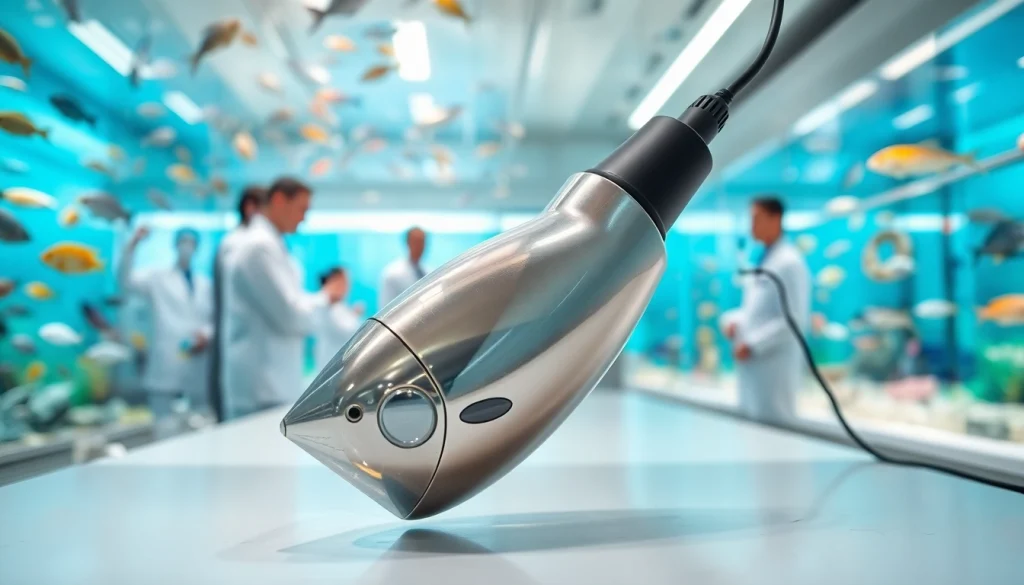 Electric fish stunner displayed in an aquatic research facility, highlighting its modern technology.