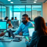 WhatsApp Web interface shown on computers in a modern office, emphasizing secure communication.