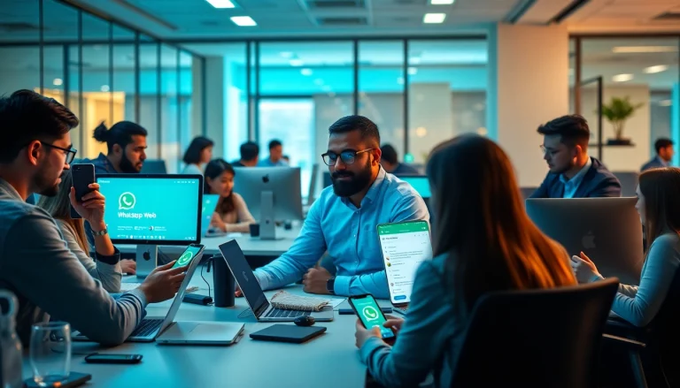 WhatsApp Web interface shown on computers in a modern office, emphasizing secure communication.