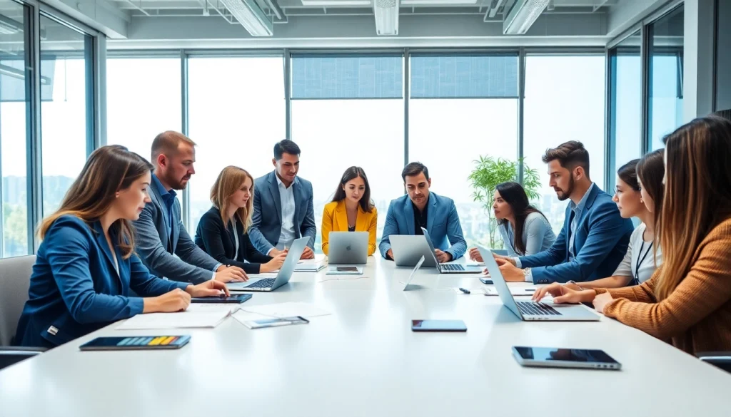 Dedicated team at a press release agency collaborating on effective communication strategies.