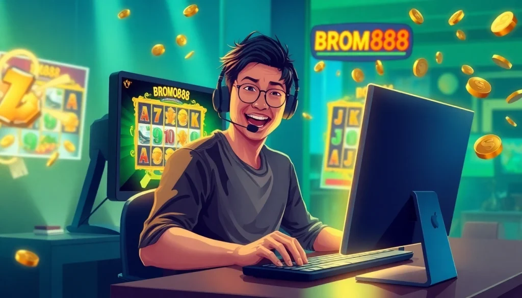 BROMO888 online gaming experience illustration featuring an excited player engaged at a modern desk.