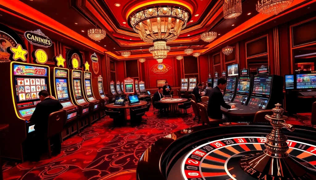 Nổ Hũ Đổi Thưởng slot machines and casino tables in a vibrant and luxurious atmosphere.