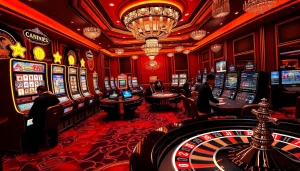 Nổ Hũ Đổi Thưởng slot machines and casino tables in a vibrant and luxurious atmosphere.