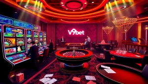 V9bet players enjoying an exciting online casino experience with vibrant tables and slot machines.