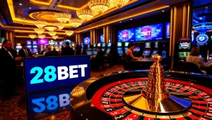 Gambling excitement at 28BET's luxurious casino with players focused on roulette and slot machines.