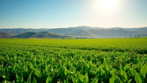 Innovative land irrigation systems nurturing thriving crops on a vibrant farm.