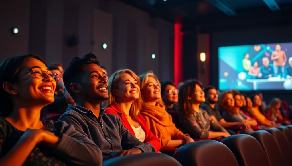 ดูหนังออนไลน์ ในโรงหนังที่มีผู้คนหลากหลายแสดงความรู้สึกตื่นเต้น