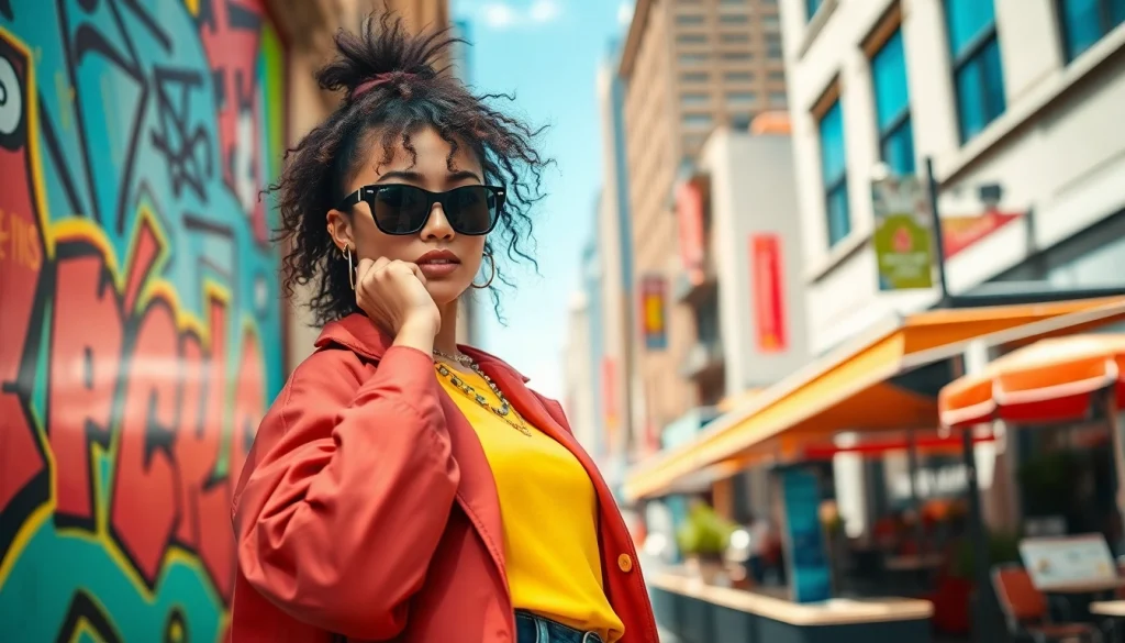 Model showcasing stylish Fashion and Apparel in a vibrant city street setting.