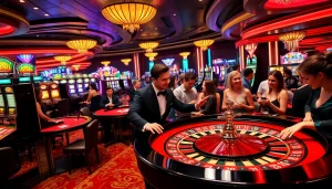 Engage in thrilling gameplay at c 168's luxurious casino, featuring vibrant tables and excited players.