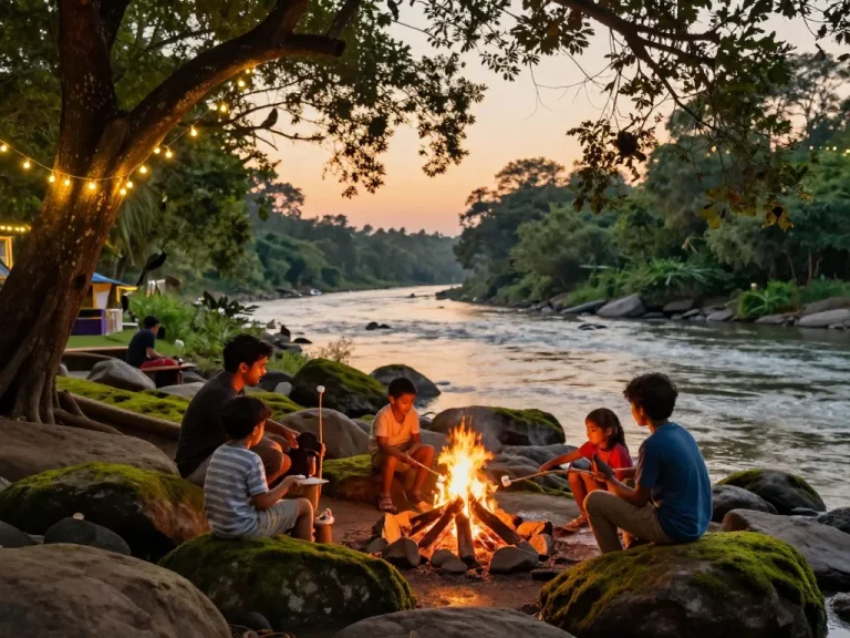Dandeli resorts family enjoying riverside bonfire at twilight, surrounded by lush greenery.