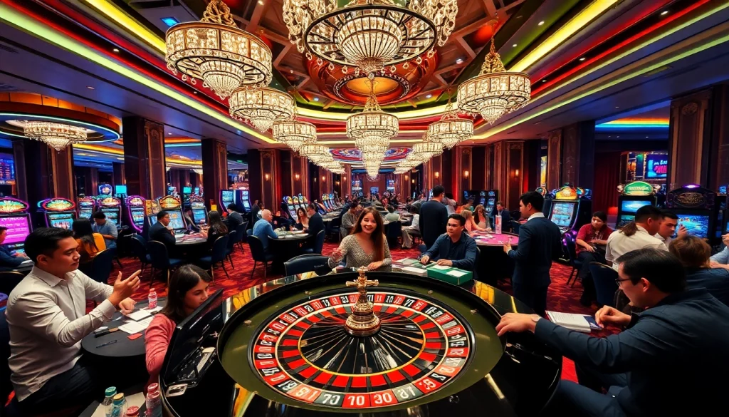 Experience the thrill of winning at https://luck882.co.com/ with vibrant casino action and players engaged in gambling.