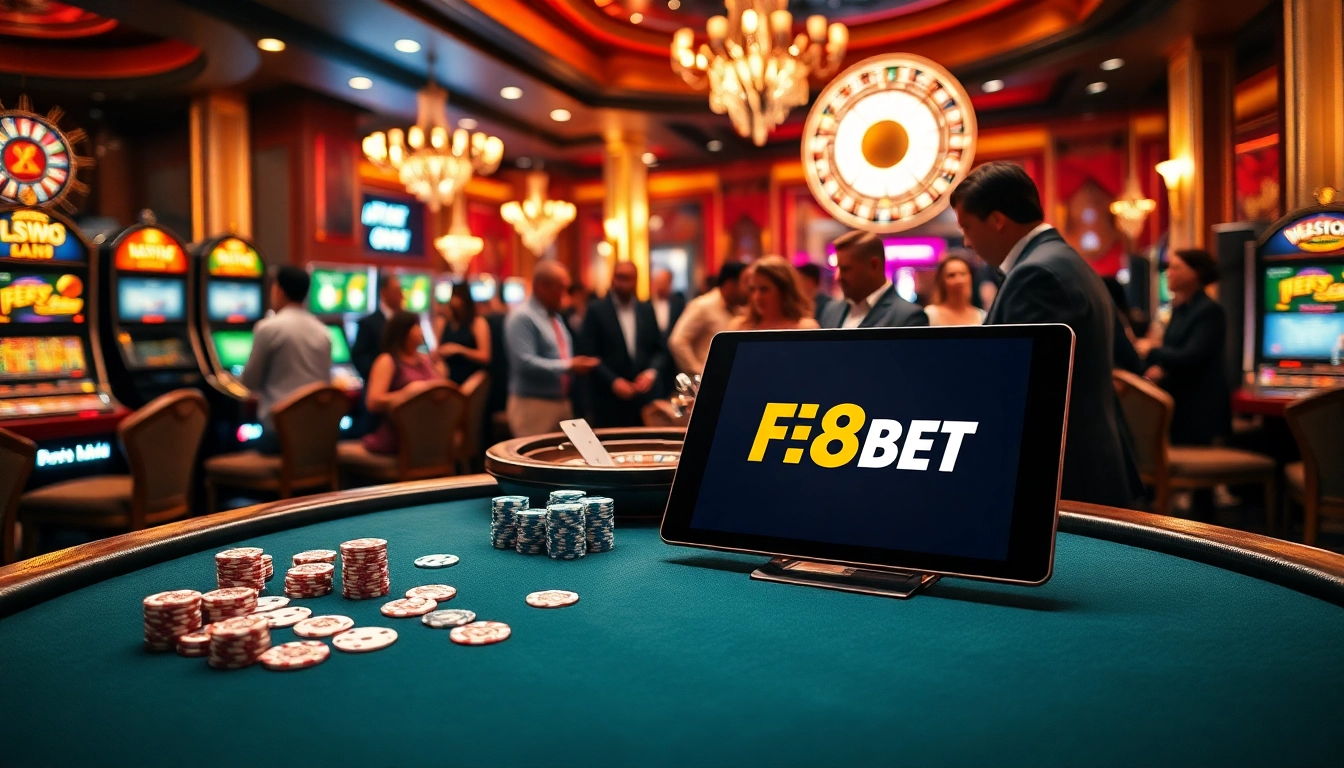 Players enjoying exciting poker and slot games at F88BET’s luxurious casino environment.