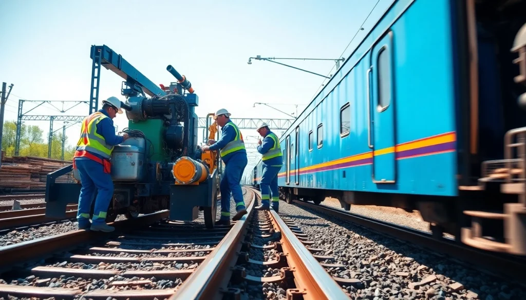 Emergency Railroad Repair Services in action, featuring a dedicated crew fixing tracks while a train passes.