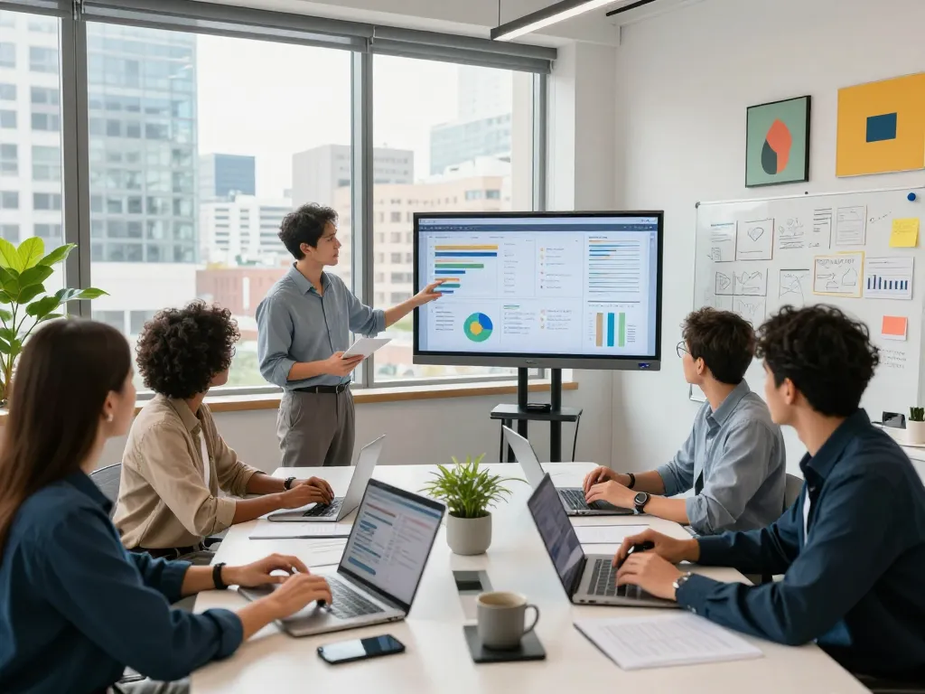 合同会社SUMXのデジタルマーケティングエージェンシーでのチームコラボレーション、戦略会議と分析ディスカッションを紹介。