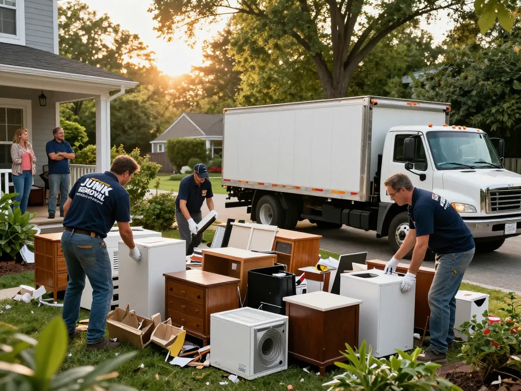 Efficient JUNK REMOVAL BERGEN COUNTY service team clearing household junk in a sunny backyard.