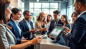 多様な顧客がモバイル端末と最新のPOSシステムを使用して、効率的にキャッシュレス決済を処理している場面。