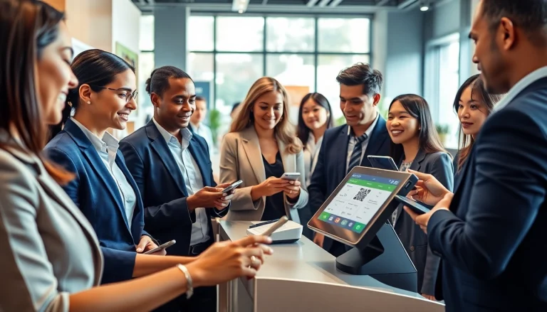 多様な顧客がモバイル端末と最新のPOSシステムを使用して、効率的にキャッシュレス決済を処理している場面。