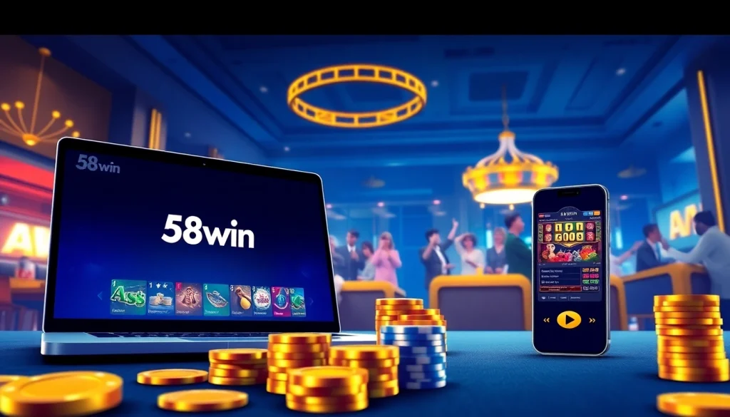 Experience the 58win online gambling platform with a sleek interface in a vibrant casino setting.