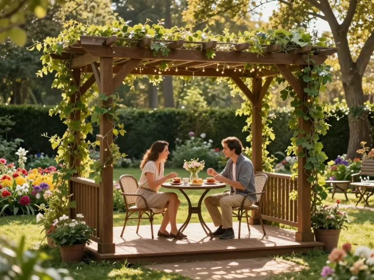 Stylish 3D pergola in a sunlit garden, perfect for outdoor relaxation.