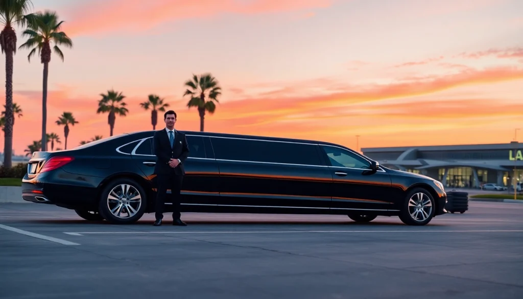 Luxury LA Limo parked outside LAX with a professional chauffeur at sunset.