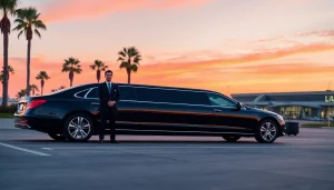Luxury LA Limo parked outside LAX with a professional chauffeur at sunset.
